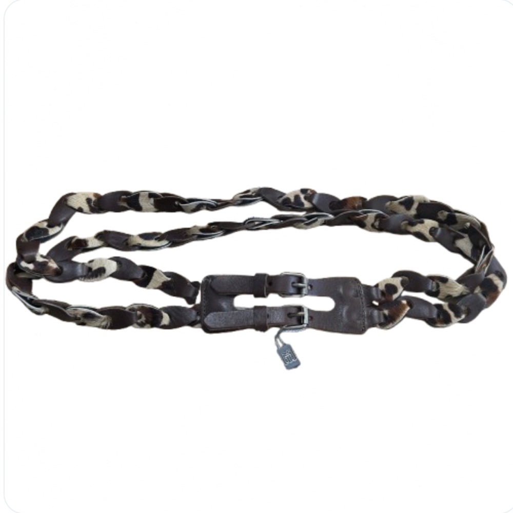 NEW Garuglieri Leather Belt Cowhide Calf Hair Double Strand Brown Women's Italy